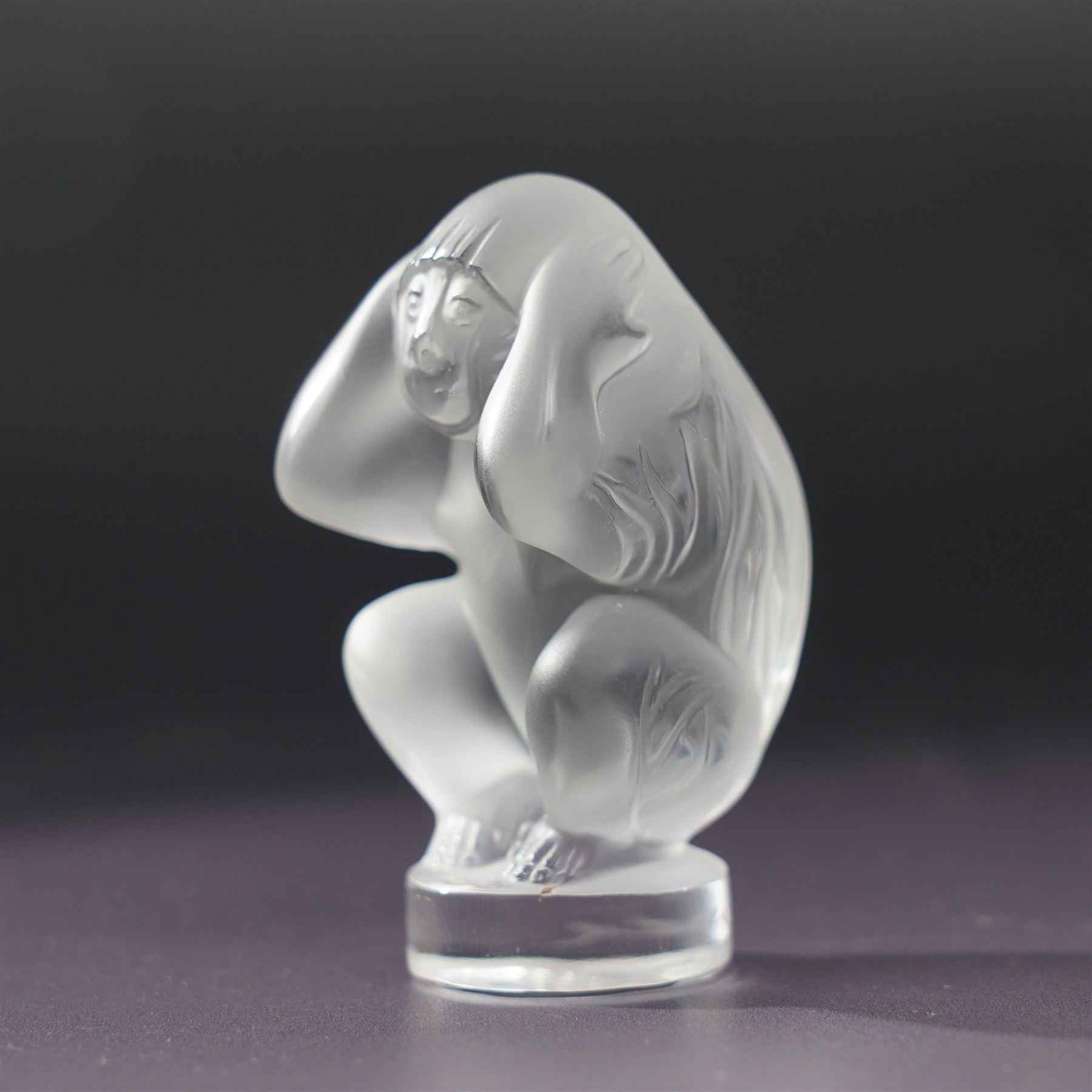Set of three Lalique frosted glass monkey ornaments 'See no Evil