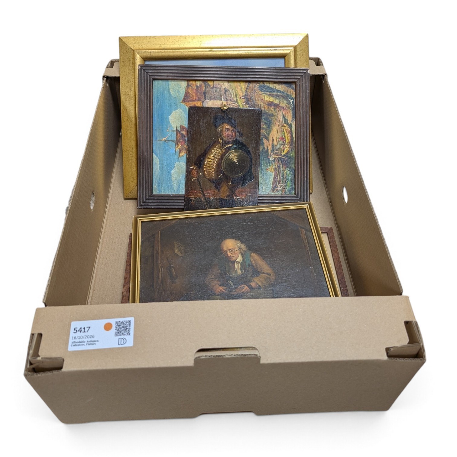 Collection of pictures, to include after James McArdell (Irish 1729-1765): James Quinn as Sir John Falstaff, oil on wood panel unsigned; English School (20th century): Fisherman by a Farm, watercolour signed with S J monogram and dated 1923; after Charles Spencelayh (British 1865-1958): The Cobbler, oil on wood panel unsigned, and two others max 19.5cm x 26cm (5) (one unframed)