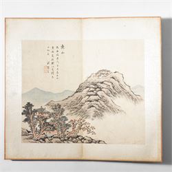 Chinese fold out book, comprising 12 hand-coloured woodblock landscapes each bearing inscription and artists seal  
