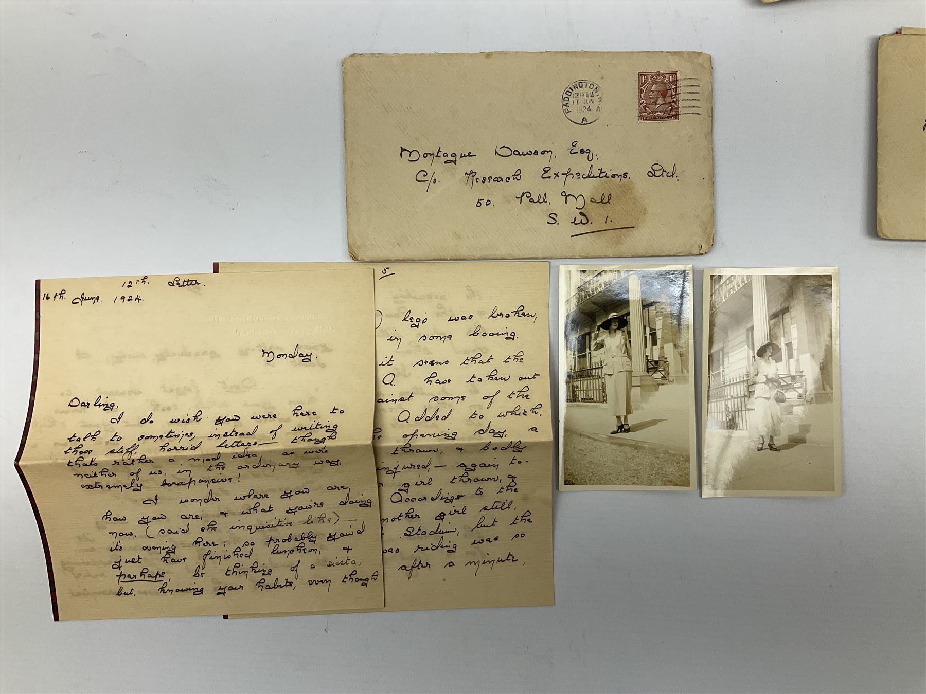 Montague Dawson interest - a correspondence of forty manuscript letters and notes to the marine artist from the same lady who signs herself 'Browne' or 'Brownie', c1920-24. The letters are in two sections, firstly a series of twenty-three hand written notes, all in the original envelopes and privately delivered to Dawson at Percy Street in London c1920, one envelope featuring a small unsigned pencil sketch of a sailing vessel. The second section of seventeen letters all date between April and July 1924 whilst Dawson was serving as the official artist on the South Seas Expedition on the S.Y. St. George where he was providing illustrated reports to The Graphic magazine. These letters (all but one in their original stamped envelopes) are far more detailed, up to twelve pages in length, and include two original photographs of the lady sent to Dawson during this Expedition.