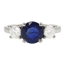 Platinum three stone sapphire and round brilliant cut diamond ring, sapphire approx 1.40 carat, total diamond weight approx 0.65 carat