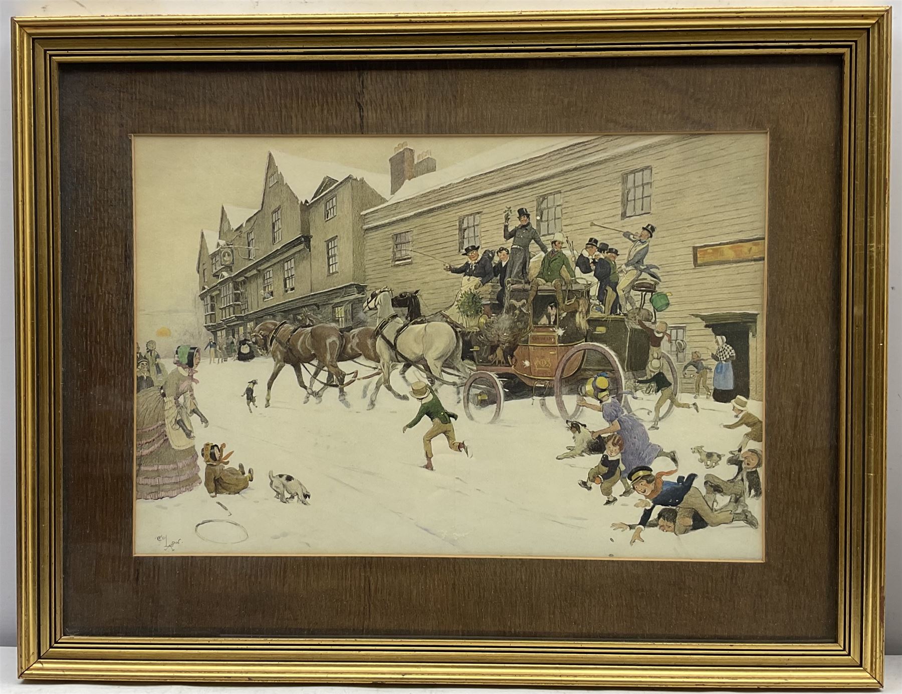After Cecil Aldin (British 1870-1935): 'Something Like a Christmas!' 'The Christmas Coach at the Bell Inn' and 'A Long Drink', two colour prints and a poster, respectively max 29cm x 43cm (3)