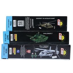Three Cobi Bricks Armed Forces sets, comprising 1:32 scale no. 5906 Sikorsky UH-60 Black Hawk, 1:35 scale no. 2627 Challenger 2 and 1:48 scale no. 5836 Bell Boeing V-22 Osprey, all in sealed boxes