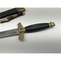  WW2 German SMF Solingen DLV flyers dagger with 16cm steel blade, nickel downswept cross-piece and pommel and leather covered grip, in leather and nickel scabbard with leather suspension strap L34cm overall. After WWI Germany was forbidden an air force by the Treaty of Versailles however the Deutscher Luftsport-Verband (German Air-sport Association) was formed in March 1933 from various sports flying clubs and had branches for aeroplane, gliding and balloon flying. Under cover of the sporting DLV, many future Luftwaffe pilots trained to fly. DLV was embodied with the NSKK in March 1935 and 1st March 1937 Luftwaffe formed.