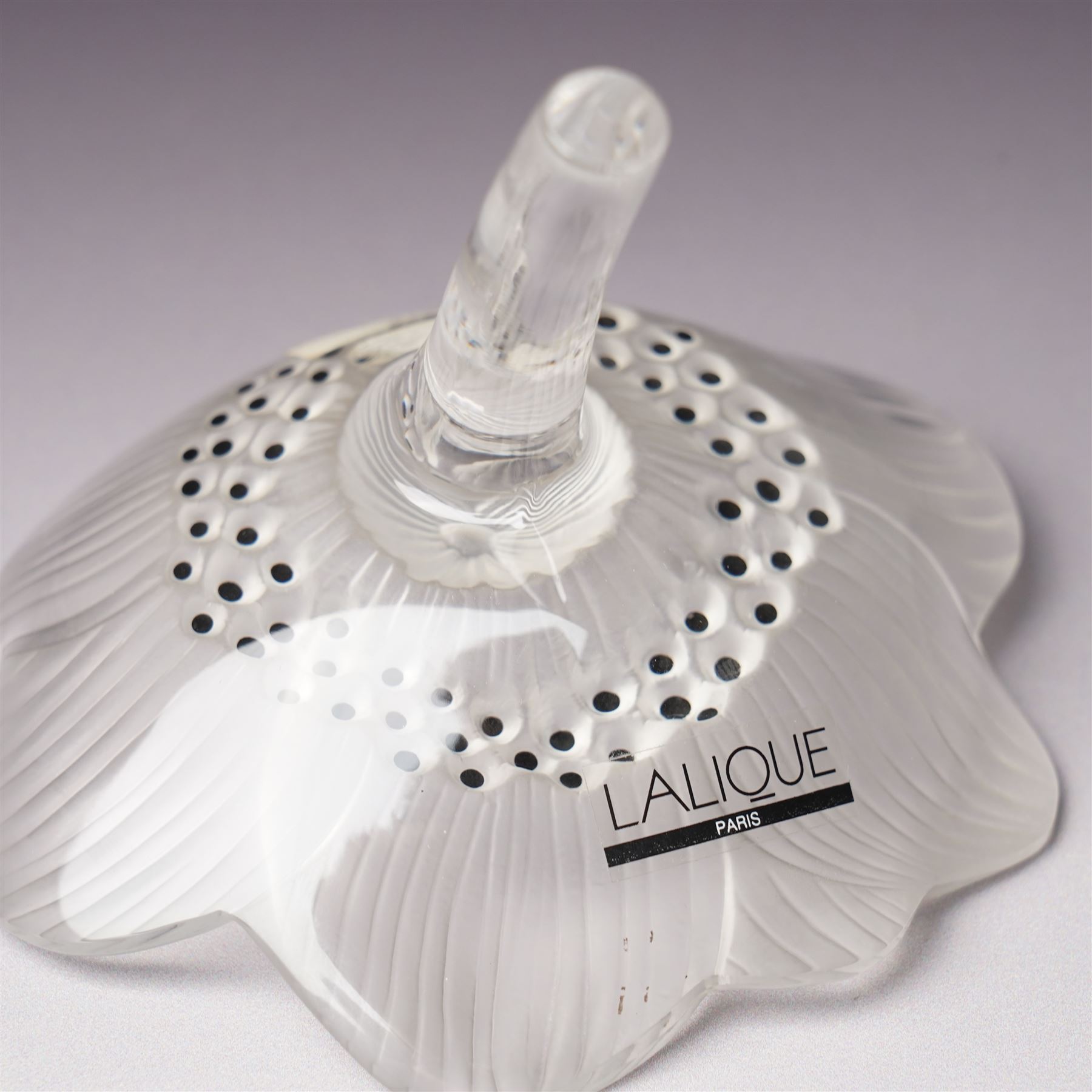 Lalique Lions Head glass ashtray and an 'Anemone' flower, both marked Lalique, France and boxed (2)