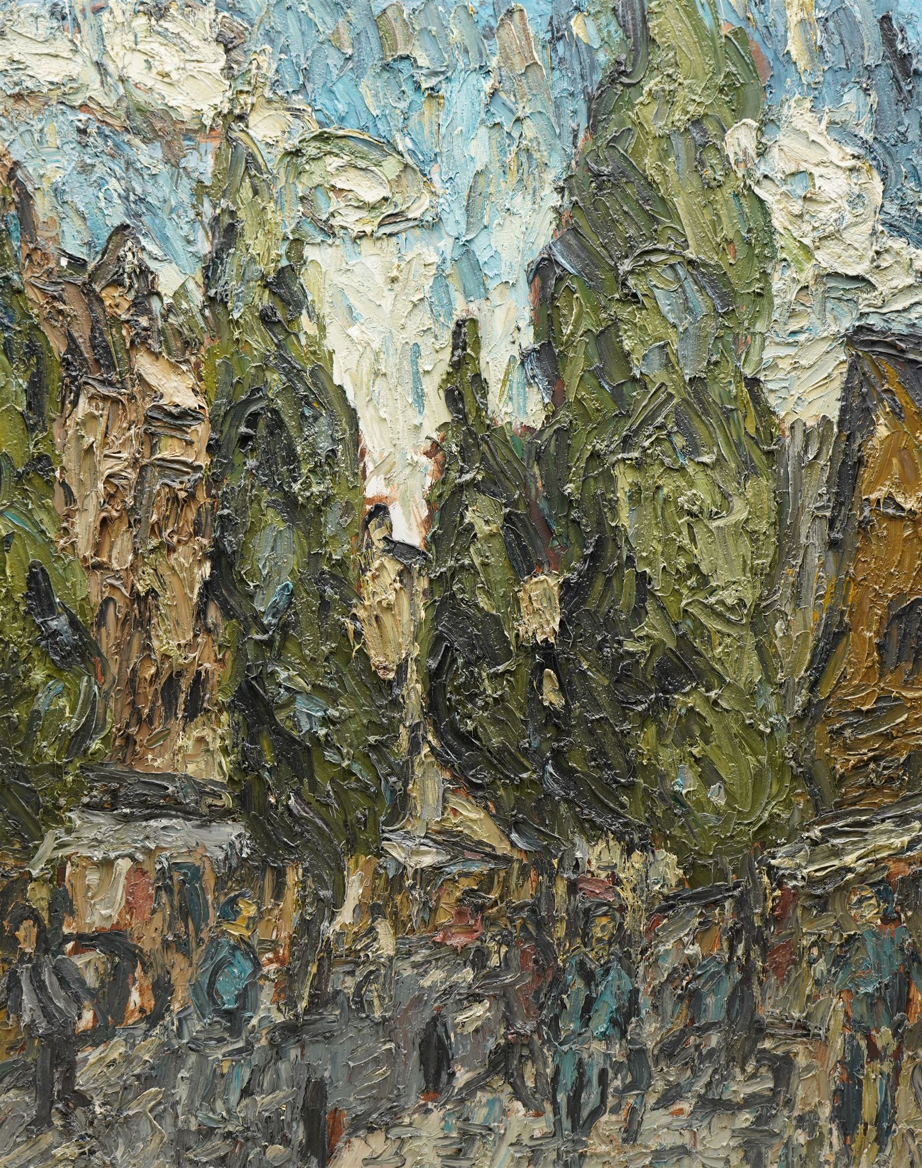Barry De More (Yorkshire 1948-2023): 'The Poplars Halifax', oil and impasto on board signed and titled verso 76cm x 61cm
Notes: Acclaimed as one of the North's greatest expressionist artists, Barry De More (1948-2023) used a heavy impasto style to transfer his love of Yorkshire landscapes, townscapes and people to canvas. His work sits comfortably in the company of work by Kossoff and Auerbach, selling to collectors in the UK and overseas. De More's work can be found in the permanent collection of work by Northern Artists at Dean Clough, one of the UK's largest contemporary art galleries.