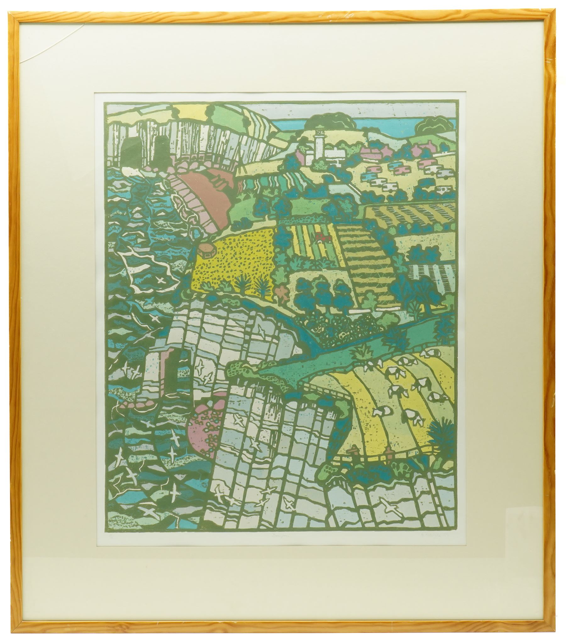 Anthony Ratcliffe (British 1954-): 'Bempton' East Riding, woodblock print in colours signed titled dated '89 and numbered 7/10 in pencil 74cm x 61cm