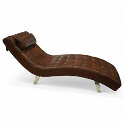 Barker & Stonehouse -stylish contemporary leather chaise longue, upholstered in brown tufted leather panels, sinuous wave-shaped frame with headrest cushion, raised on angled chrome effect legs