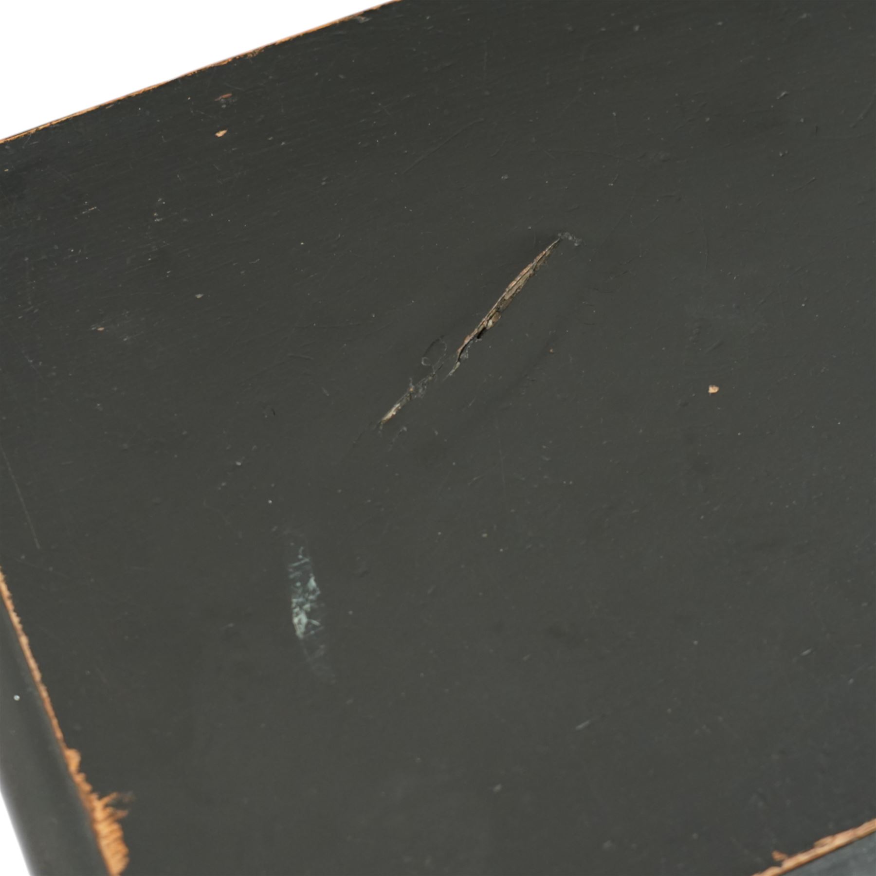 18th century and later oak coffer bach, moulded hinged lid over panelled front and single drawer, shaped and stepped arch panels, on bracket feet, in black paint finish