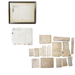 18th century Indenture between Thomas Hyde and Tobias Hodgson of London, framed 37cm x 48cm, 18th century Admission of Rt. Hon. Lady Ann Conolly, the Manor of Isleworth, July 1791, Queen Anne indenture and various others