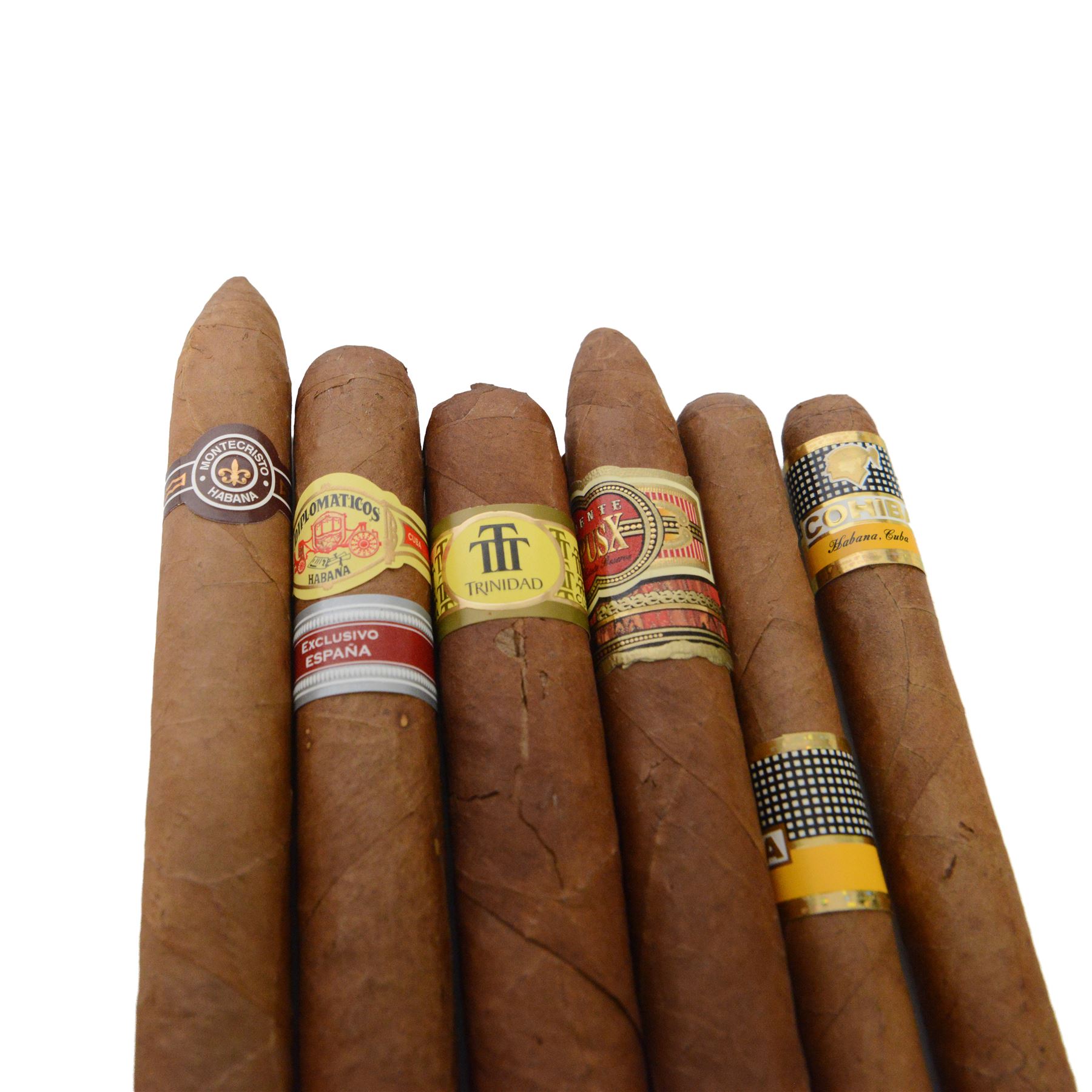 Collection of cigars, including Montecristo, Cohiba, Diplmaticos, and other cigars, within a Montecristo humidor