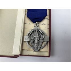 Collection of Masonic items, to include silver WWI 1914-1918 commemorative medallion named 'Bro J. Thompson No. 3458, hallmarked Birmingham 1923, silver and enamelled Masonic Steward medallion hallmarked Birmingham Spencer & Co, 1922, Masonic apron etc