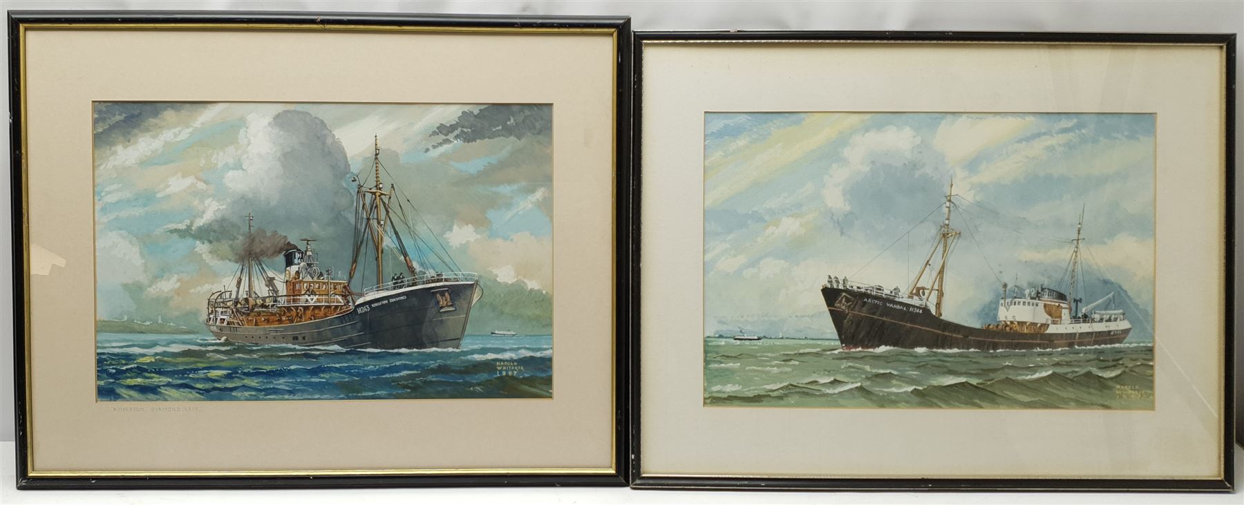 Harold Whitaker (British ?-1988): 'Kingston Diamond' 'St Gamecock' and 'Arctic Vandal', set three gouache ship's portraits signed and dated 1987, titled verso 32cm x 48cm (3)
