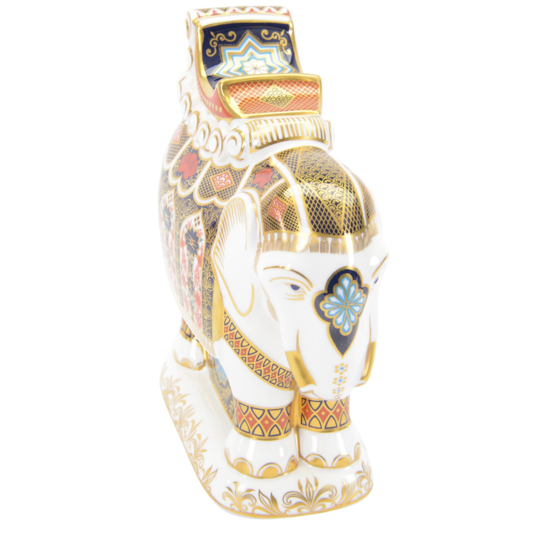 Royal Crown Derby paperweight, large Imari Elephant, decorated in the 1128 pattern, gold stopper, 22cm high.