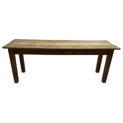 20th century oak refectory dining table, rectangular three plank top, on chamfered square supports 