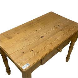 Solid pine side table, rectangular top, fitted with single drawer, raised on turned supports