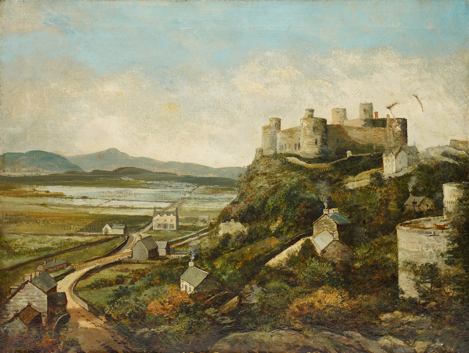 Manner of William Ellis (British 1747-1810): Harlech Castle - Gwynedd, oil on canvas indistinctly signed H M W* 46cm x 61cm (unframed)
