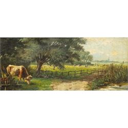 Jacoba Louise Stuiveling van Essen (Dutch 1870-1936): Cattle by a Stream, oil on canvas signed with initials 16cm x 37cm