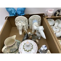 Assorted ceramics, to include group of Brixton pottery decorated with elephants, pair of turquoise glazed cat figures, pair of elephant book ends, various tea wares, etc., in two boxes 