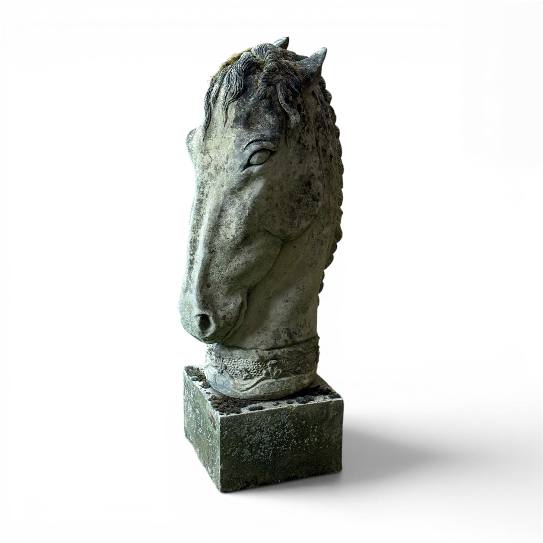 Large weathered cast stone horse head figure, raised on square plinth