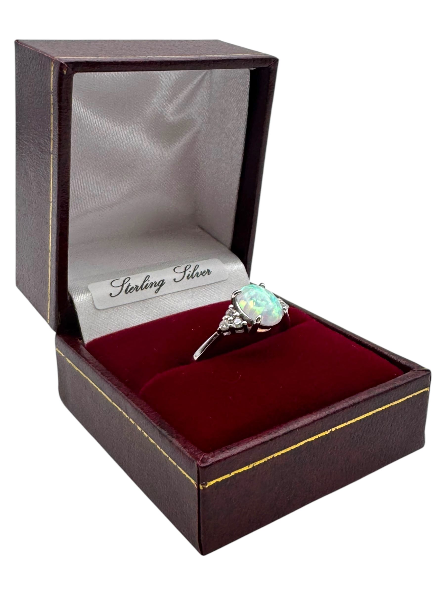 Silver cubic zirconia and opal cluster ring, boxed