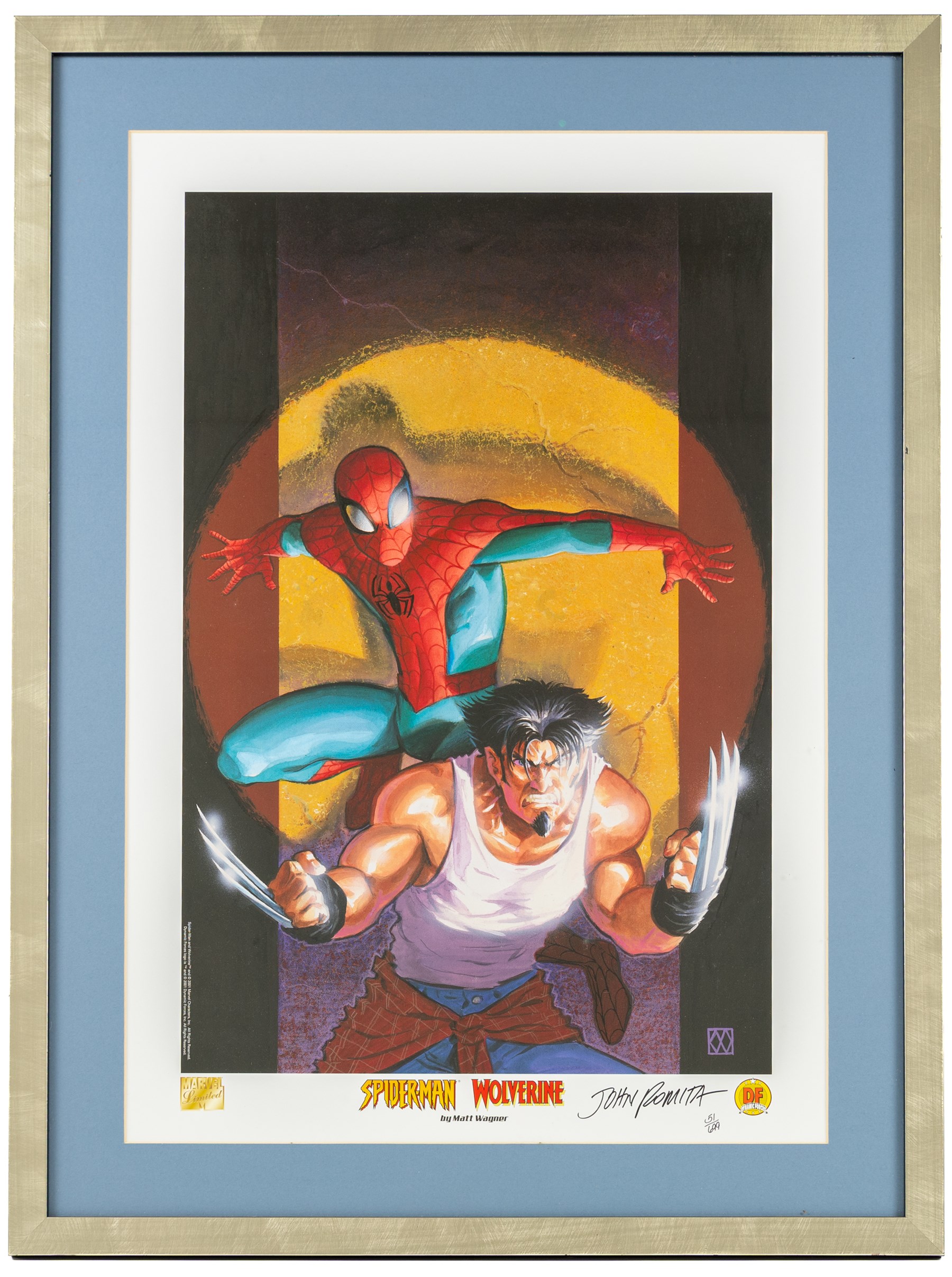 Limited edition signed lithograph 'Spider-Man/Wolverine' signed by John Romita, artwork by Matt Wagner, limited edition no. 51 of 699, framed with Dynamic Forces certificate of authenticity, artwork H52cm, W34cm