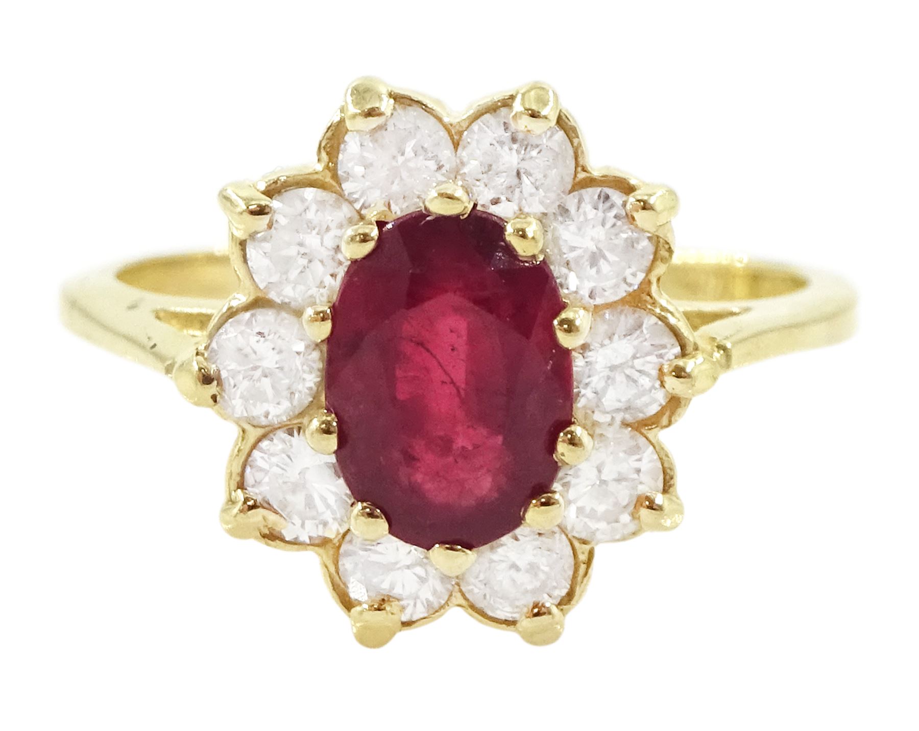 14ct gold oval cut ruby and round brilliant cut diamond cluster ring, stamped, ruby approx 0.90 carat, total diamond weight approx 0.50 carat