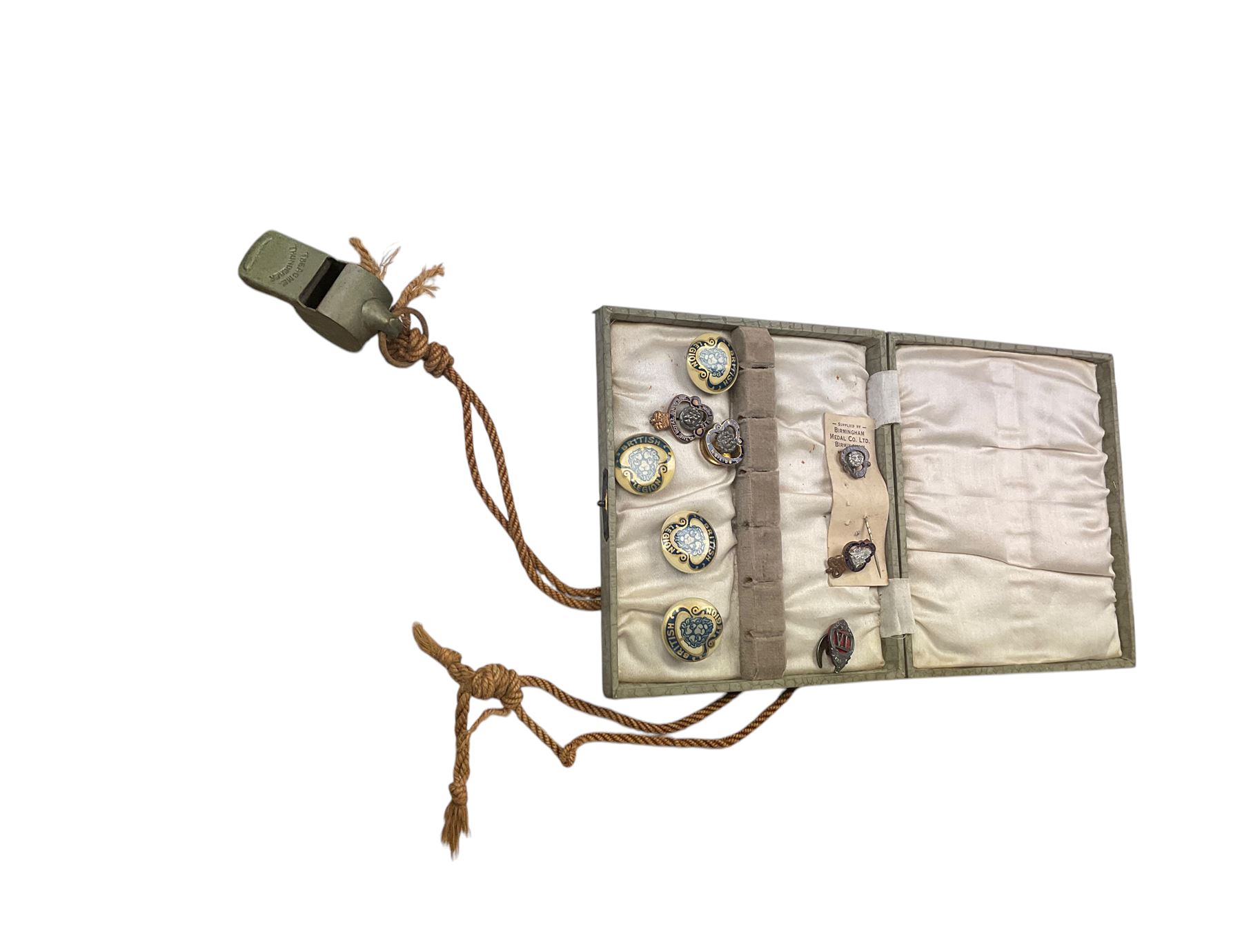 Collection of military cap and civilian badges, buttons and ephemera, together with Acme Thunder whistle, burgle etc  