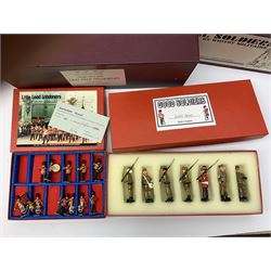 Various makers metal figures including M.J. Mode East Kent Regiment; Whitby Militaire Swiss Guards; HM Household Cavalry The Lifeguards Standard Bearer; Little Lead Londoners Coldstream Guards Band; Good Soldiers Dad's Army; and two Corgi Forward March figures; all mint and boxed; and a quantity of unboxed figures including Sherlock Holmes & Dr. Watson, Darth Vader etc