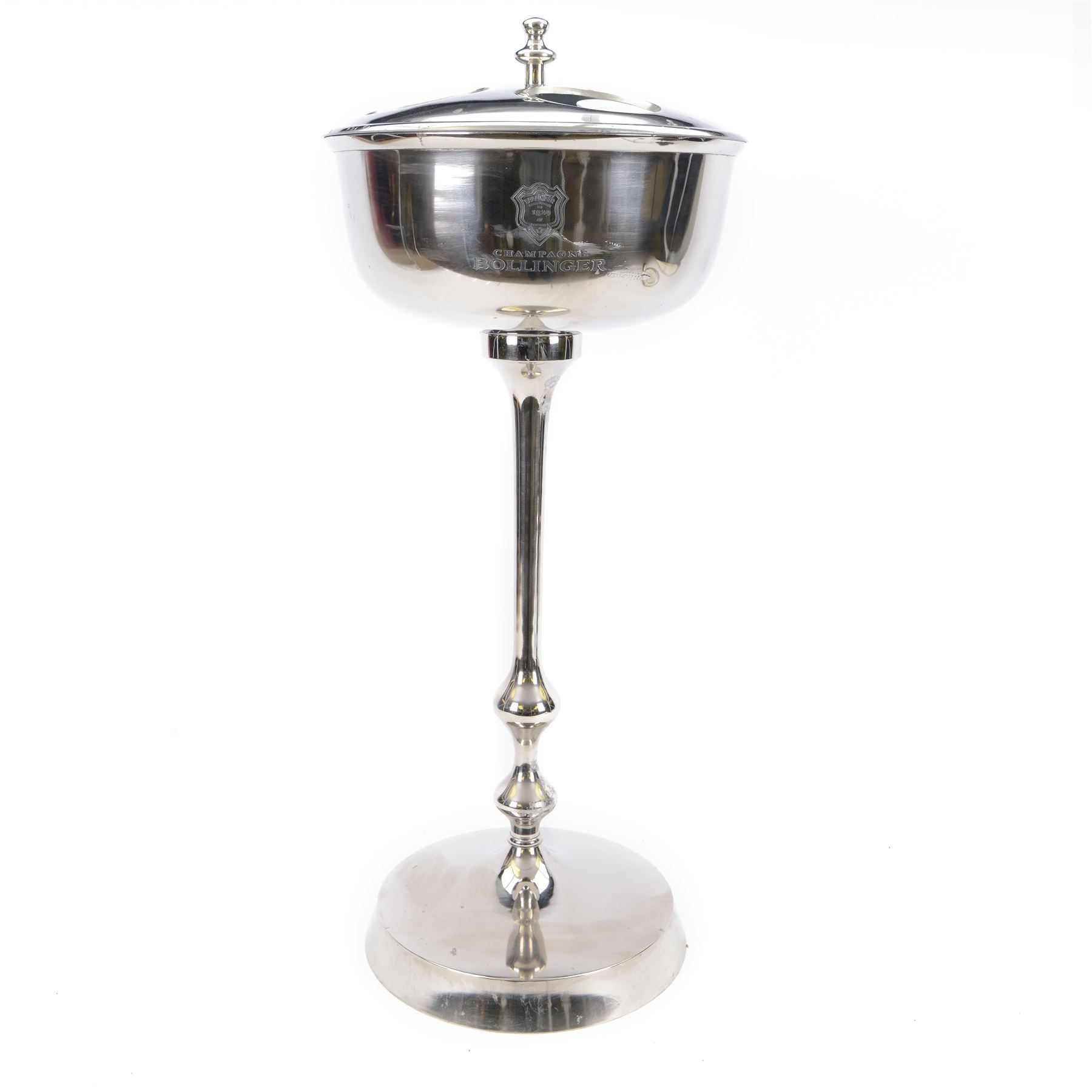 Modern chrome plate Champagne Bollinger/ice bucket on stand with cover, H85cm