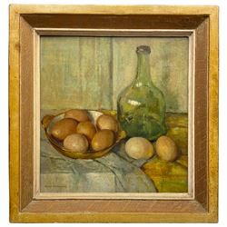 Mary Remington (British 1910-2003): Still Life of Eggs on a Table, oil on board signed 33cm x 31cm