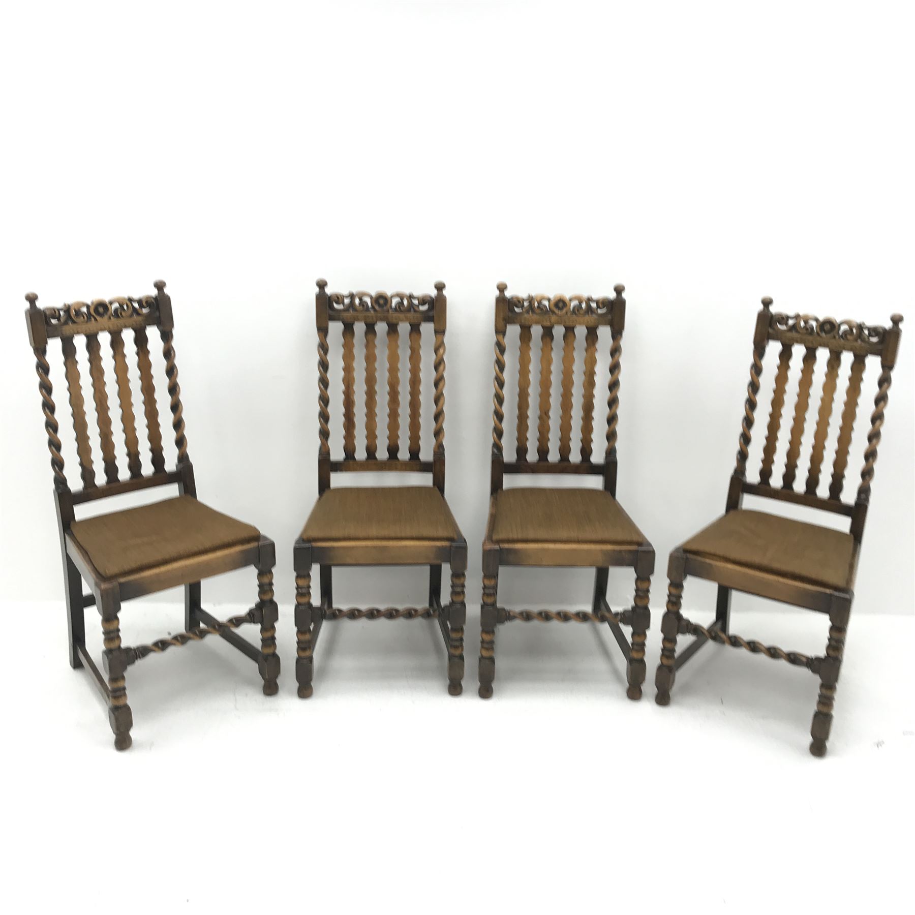 Set four 1920's birch barley twist dining chairs, upholstered drop in seat, turned supports, W46cm