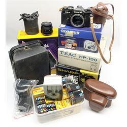 Vintage Yashica minister  camera, Chinon CE-4 camera body, various camera lenses, unopened Kodak color plus film 200, Sharp HP-400H headphones, Teac HP-100 dynamic stereo headphones etc, all untested