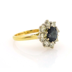  Sapphire and diamond gold cluster ring hallmarked 18ct, tourmaline approx 1 carat   