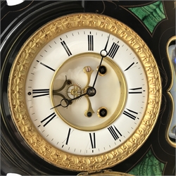 Victorian black slate perpetual calendar clock, the circular enamel Roman dial with twin train movement striking the hours and half on bell, to the left a moonphase calendar dial with independent day, date and month dials, to the right an aneroid barometer, the case with engraved and gilt decoration and set with malachite, twin tube mercury pendulum, with key, W49cm, H54cm, D16cm