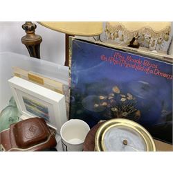 Princes Ale Bass 1929, Prince of Wales brew, together with two oak table lamps, decanters and other glassware, vinyl records, Agfa Flexilette camera, etc in two boxes