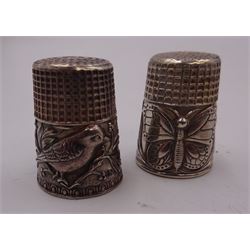 Six silver thimbles, including five sterling silver examples and one continental silver example, with decoration including butterfly and birds,  all stamped