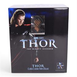 Marvel figures and models, comprising Gentle Giant Thor Collectible Mini Bust, Toy Biz Masterworks Marvel Legends 'The Battle For Gwen Stacey' model, Toy Biz 12 inch Collectors Edition Daredevil figurine, three Galoob Titanium Series Marvel Heroes figures, Funko Iron Man Bobble Head and a Museum Replicas Iron Man 2 Tony Stark's Heart Replica, all boxed