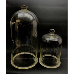  Two Victorian glass cloches, the largest H44cm (a/f), smaller H28cm.   