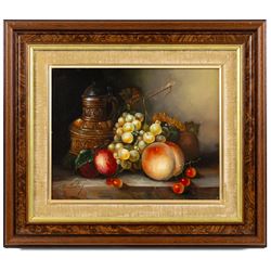 T Stanley (British late 19th/early 20th century): Still Lifes of Peaches Grapes and Foliage, pair of oils on board signed 19cm x 24cm (2)