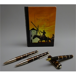  Writing Instruments - Montblanc 'Miguel de Cervantes' limited edition writing set comprising fountain pen with '18k' gold nib engraved with a windmill, ballpoint pen and propelling pencil, with certificate and presentation box, 'Mod.M28728'  
