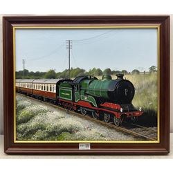 KJH (British 20th century): ‘Great Central Trains’, oil on canvas board signed with initials and dated 2004, titled verso 39cm x 49cm