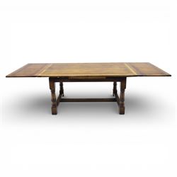 Titchmarsh & Goodwin - stained oak draw leaf dining table, raised on turned supports with ...