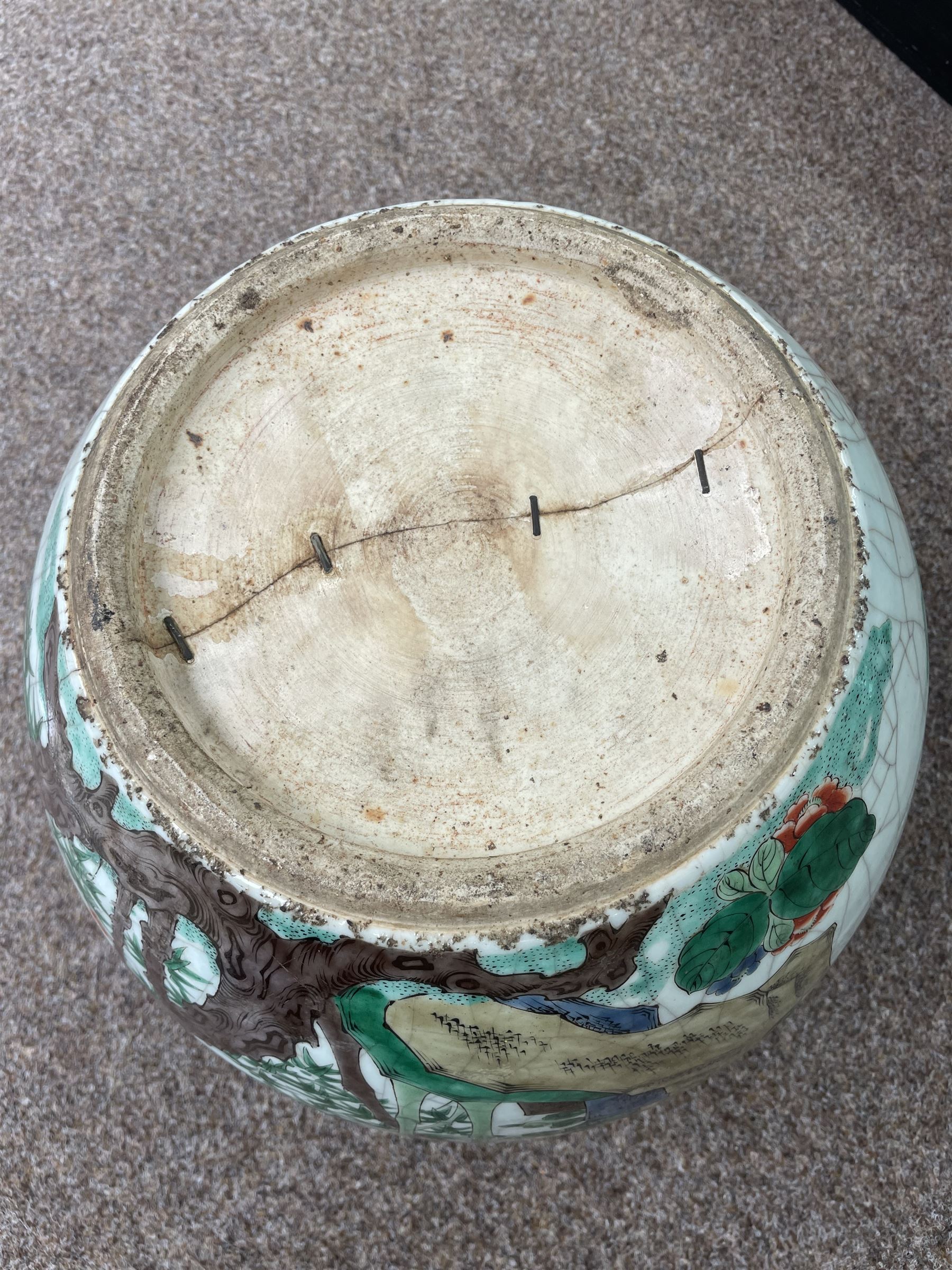 Late 19th century Chinese famille verte crackled ice pot and cover, of ovoid form, decorated with birds, blossom and bamboo, the cover with handle formed as a root, with hardwood display stand H50cm