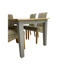 Oak Furnitureland - rectangular extending dining table on grey painted base (W150cm D90cm H78cm); together with a set of six high back dining chairs, upholstered in checkered fabric, raised on oak supports (W49cm H99cm)