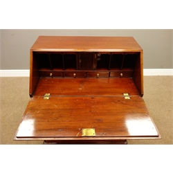  Edwardian mahogany and satinwood banded bureau, fall front enclosing drawers, four graduating drawers, on bracket feet, stamped for 'JAs Shoolbred & Co. 9026B', W77cm, H94cm, D47cm   