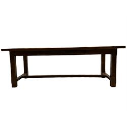 Antix French oak dining table with two leaves, two frieze drawers;, and six ladder back chairs with rush seats