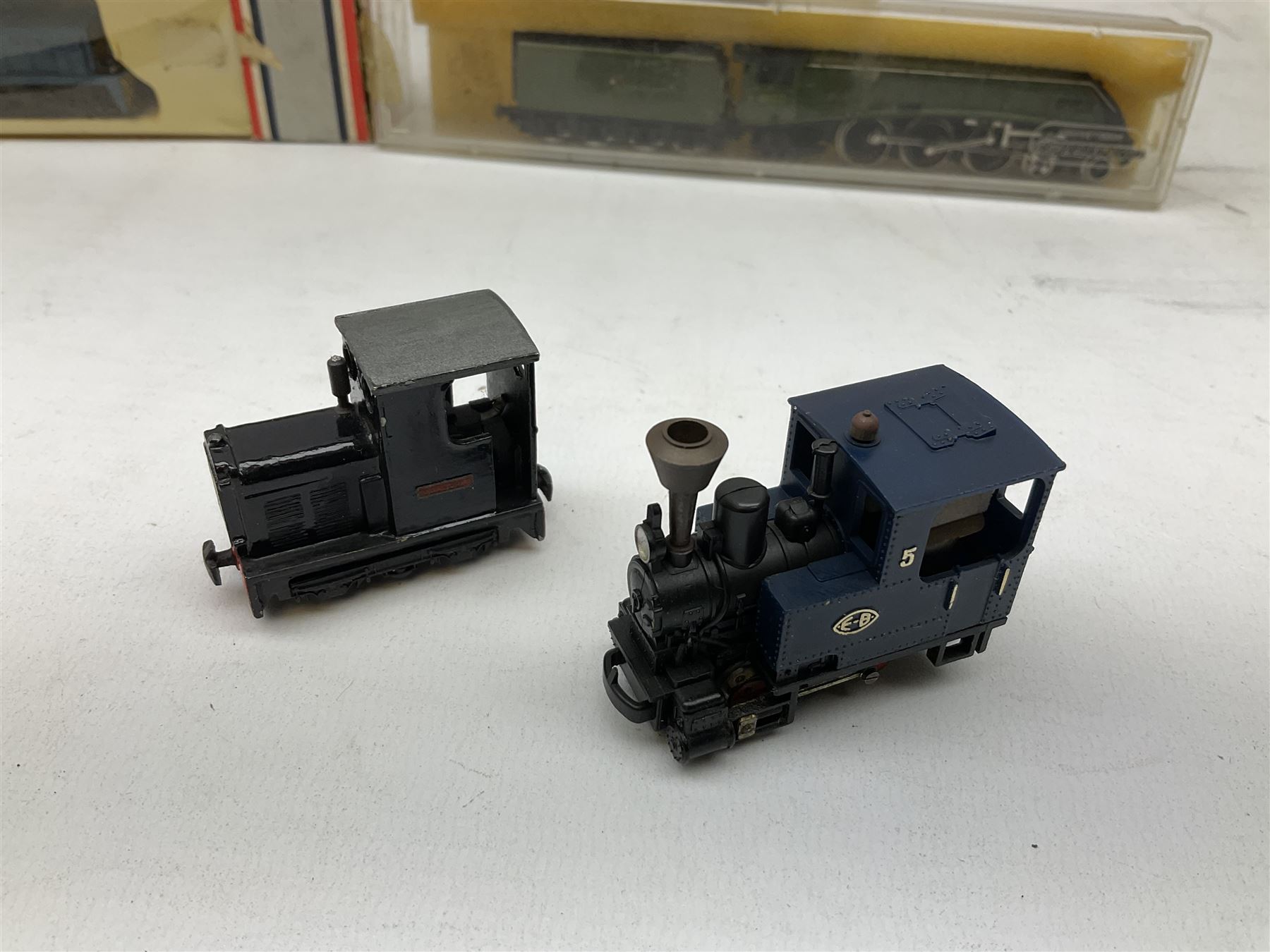 'N' gauge - Minitrix Class A4 4-6-2 locomotive 'Mallard' No.60022; in hard perspex case; Lima Diesel Shunter No.D2790; boxed; 0-6-0 locomotive 'Margaret' with four Colin Ashby EDLR coaches and three wagons; and Egger-Bahn 0-4-0 locomotive No.5 with two coaches in hard plastic boxes (13)