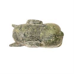 Carved stone Rhino, W44cm and a pair of two green stone Elephants, W38cm (3)