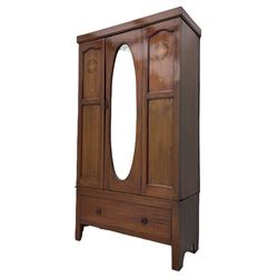 Edwardian inlaid mahogany wardrobe, oval mirror door, single drawer to base